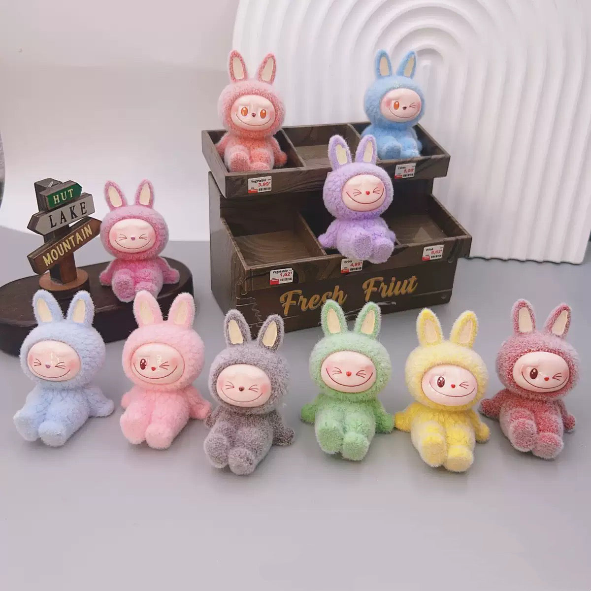 3D Flocked Labubu Sitting Toy Figurine