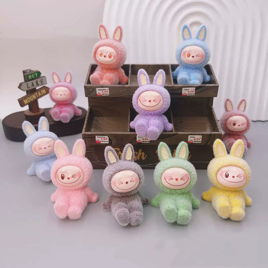 3D Flocked Labubu Sitting Toy Figurine