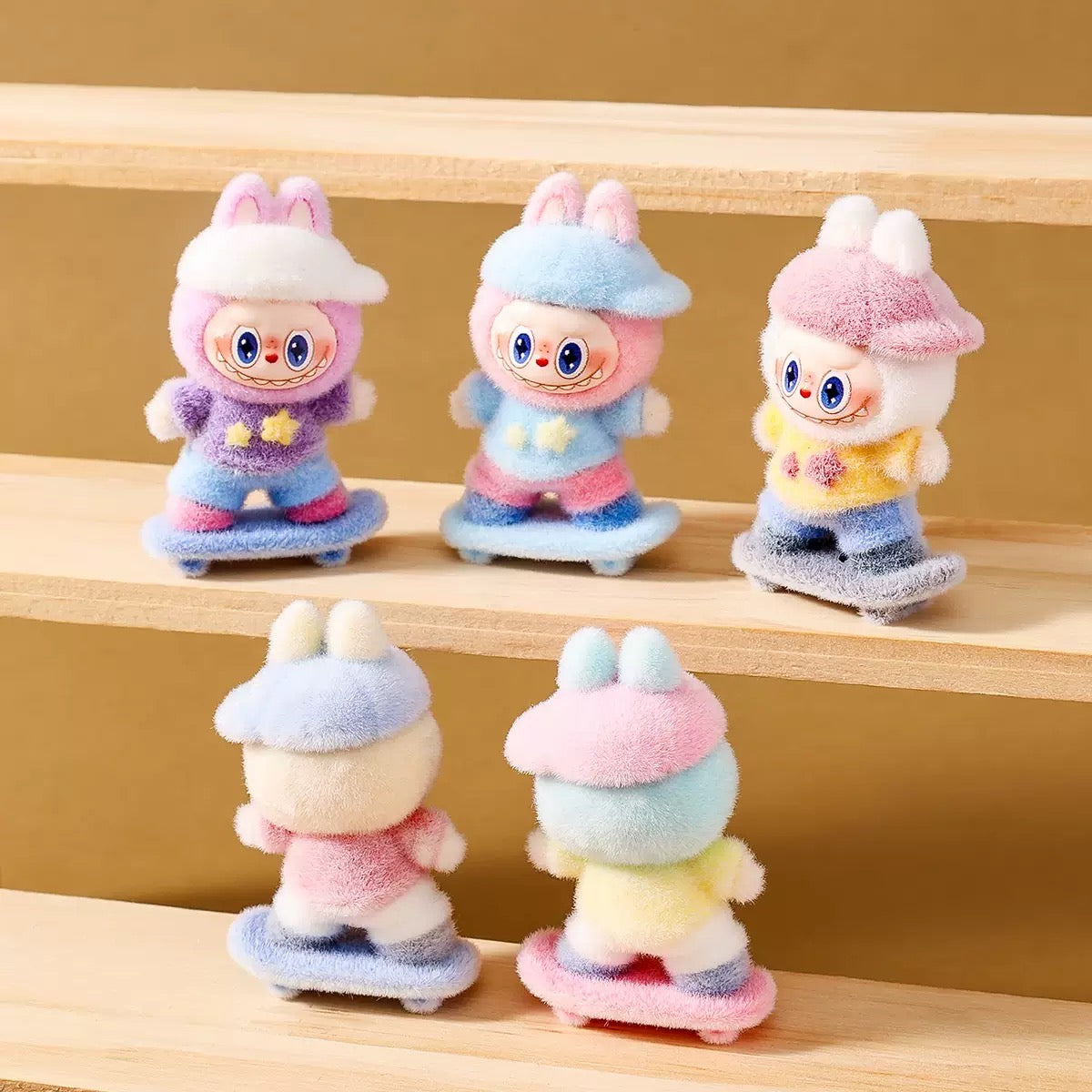 3D Flocked Labubu Skateboarding Figurine